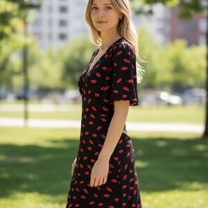 Elegant Black and Red Lip Print Dress New